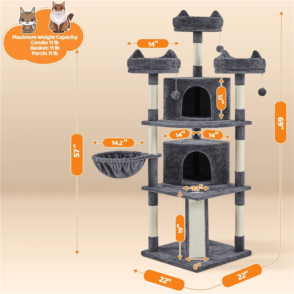 Large 69-Inch Cat Tree Tower with Condominiums and Scratching Board in Dark Gray