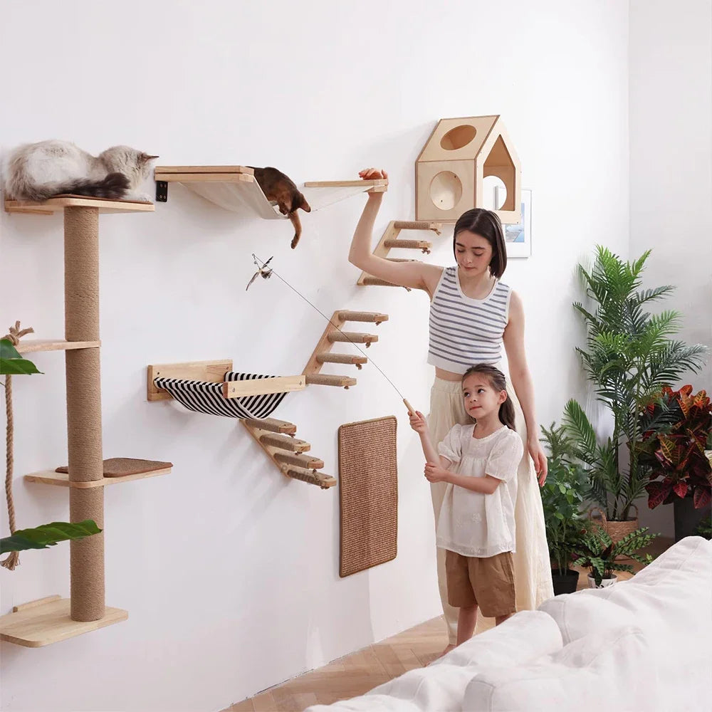 Cat Wall Climbing Shelf with Ladder, Scratching Post, and Hiding House - Pet Furniture Tree Tower Accessories