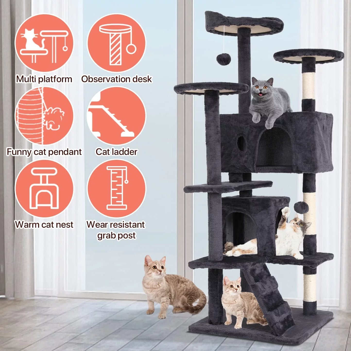 54-Inch Double Condo Cat Tree Tower with Scratching Post and Perch for Indoor Use, Light Gray