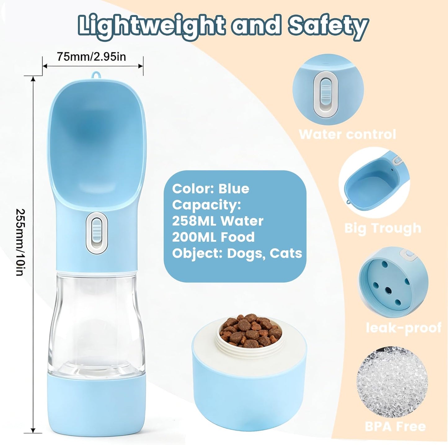 Portable Dog Water Bottle with Food Storage - Dishwasher Safe - Blue