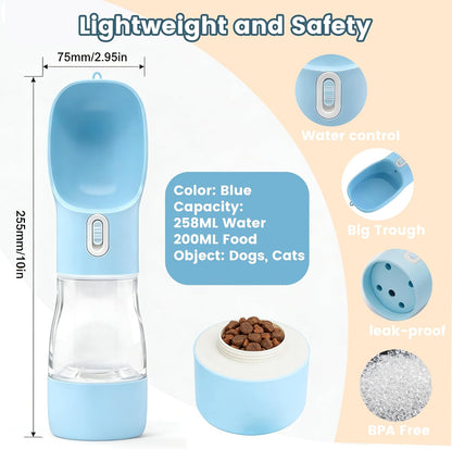 Portable Dog Water Bottle with Food Storage - Dishwasher Safe - Blue