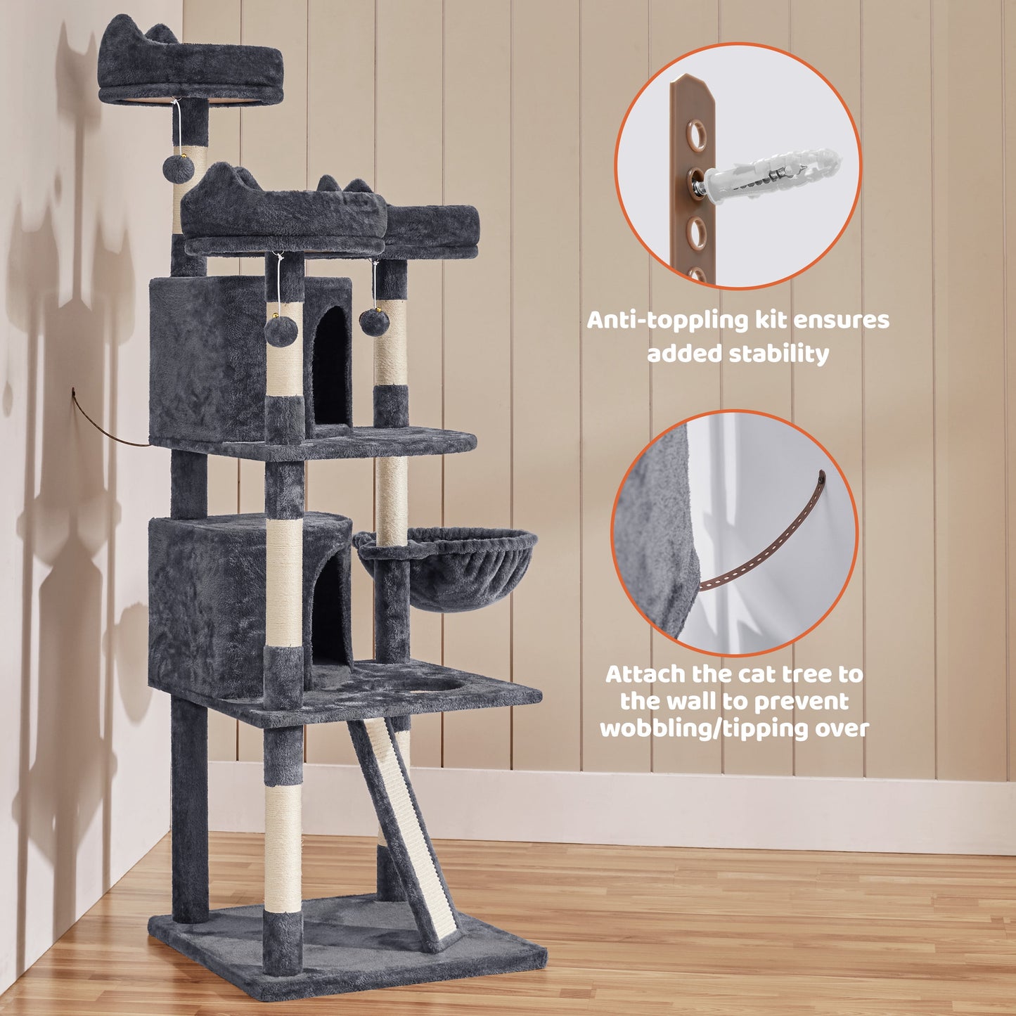 Large 69-Inch Cat Tree Tower with Condominiums and Scratching Board in Dark Gray