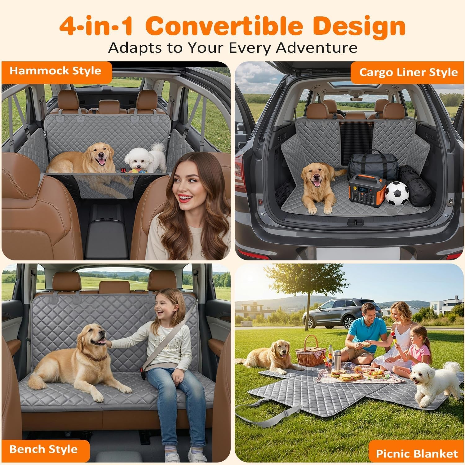 4-in-1 Waterproof Dog Car Seat Cover for Back Seat - Hammock Style