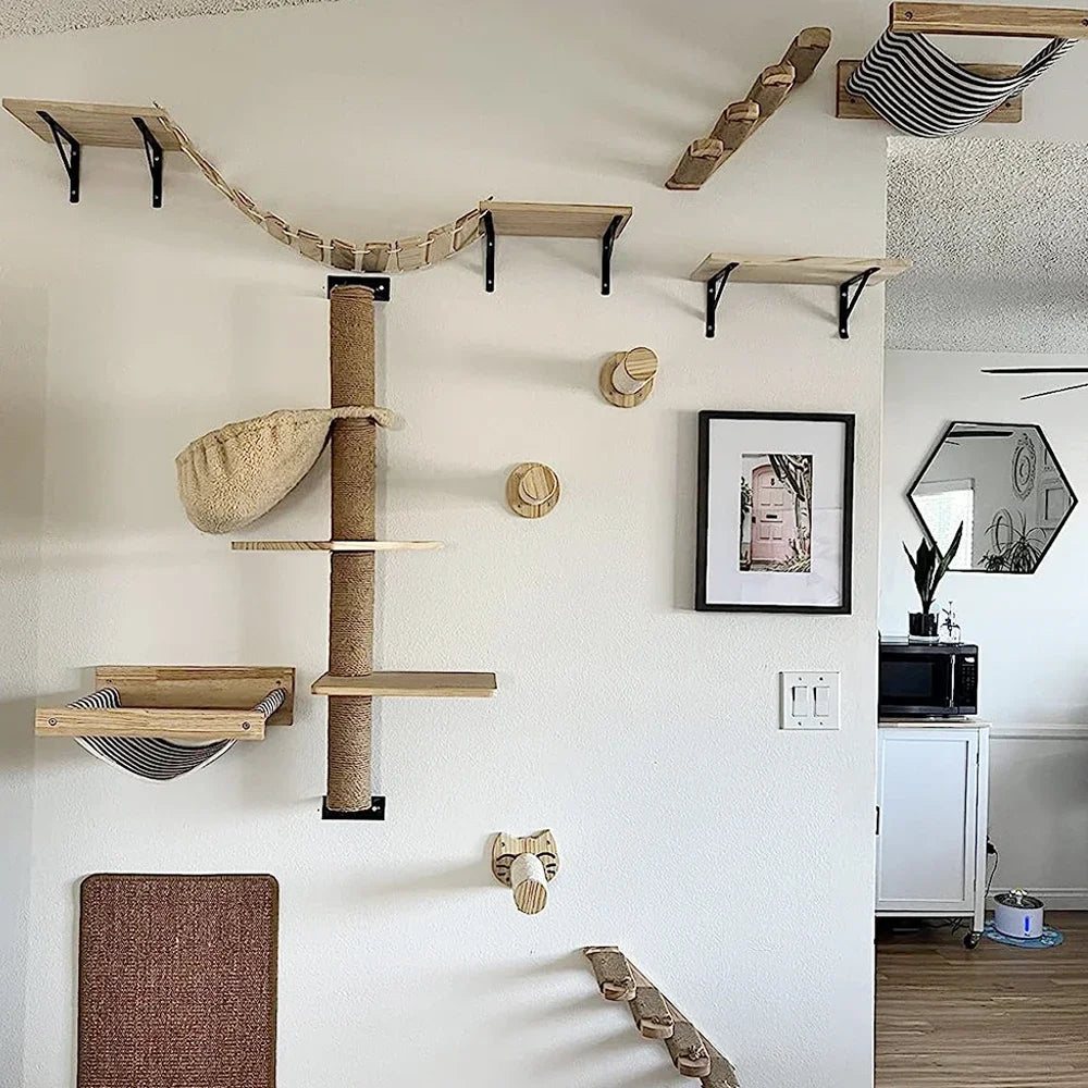 Cat Wall Climbing Shelf with Ladder, Scratching Post, and Hiding House - Pet Furniture Tree Tower Accessories