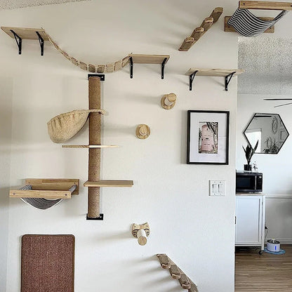 Cat Wall Climbing Shelf with Ladder, Scratching Post, and Hiding House - Pet Furniture Tree Tower Accessories
