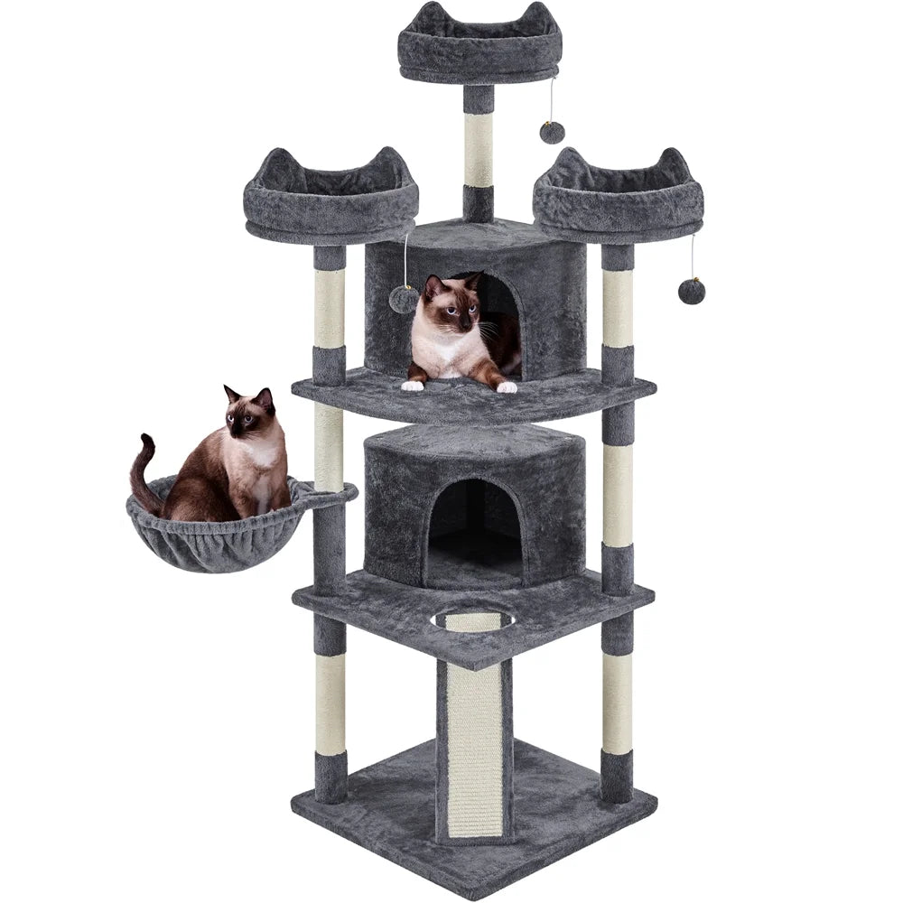 Large 69-Inch Cat Tree Tower with Condominiums and Scratching Board in Dark Gray