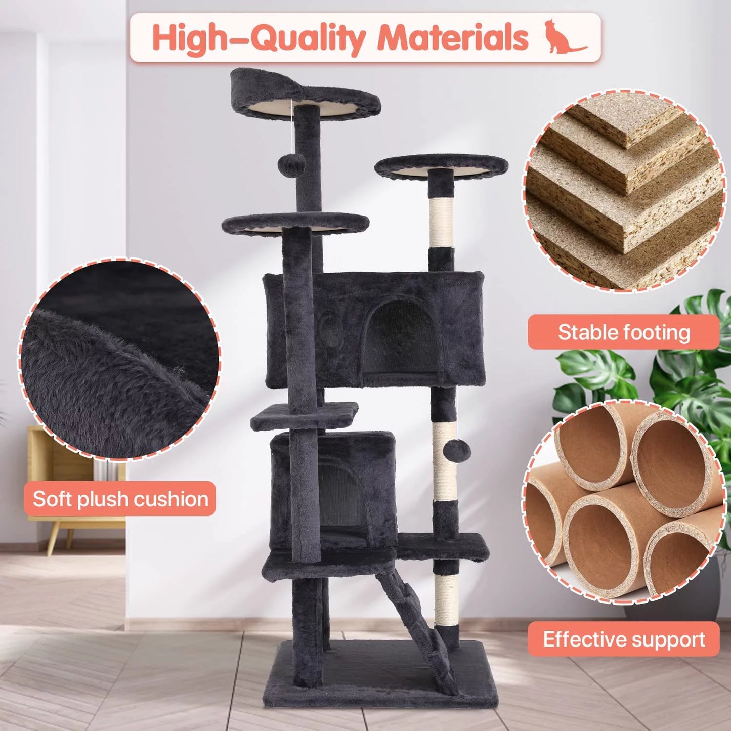 54-Inch Double Condo Cat Tree Tower with Scratching Post and Perch for Indoor Use, Light Gray
