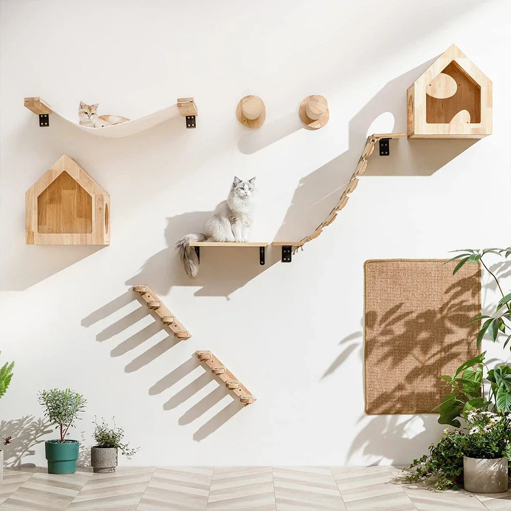 Cat Wall Climbing Shelf with Ladder, Scratching Post, and Hiding House - Pet Furniture Tree Tower Accessories