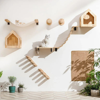 Cat Wall Climbing Shelf with Ladder, Scratching Post, and Hiding House - Pet Furniture Tree Tower Accessories