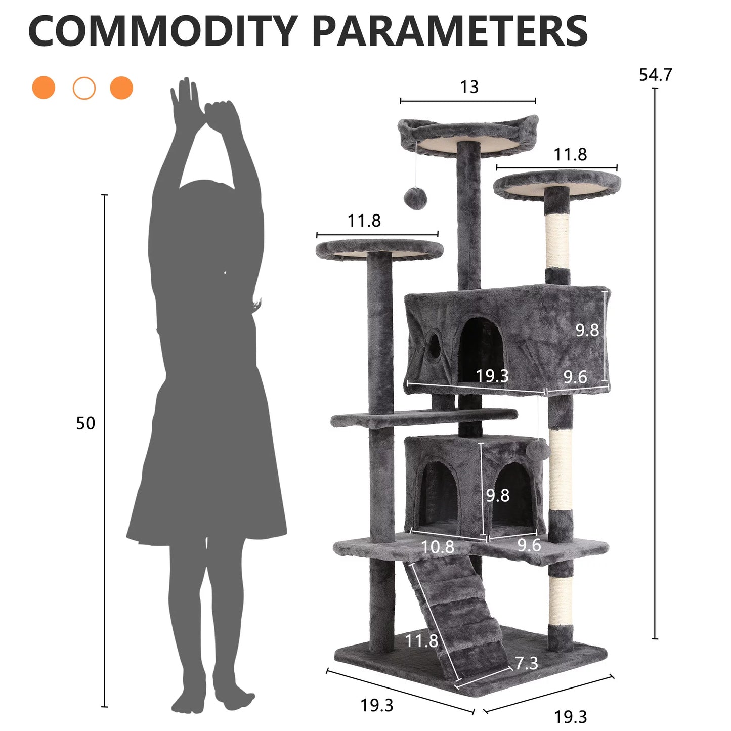 54-Inch Double Condo Cat Tree Tower with Scratching Post and Perch for Indoor Use, Light Gray