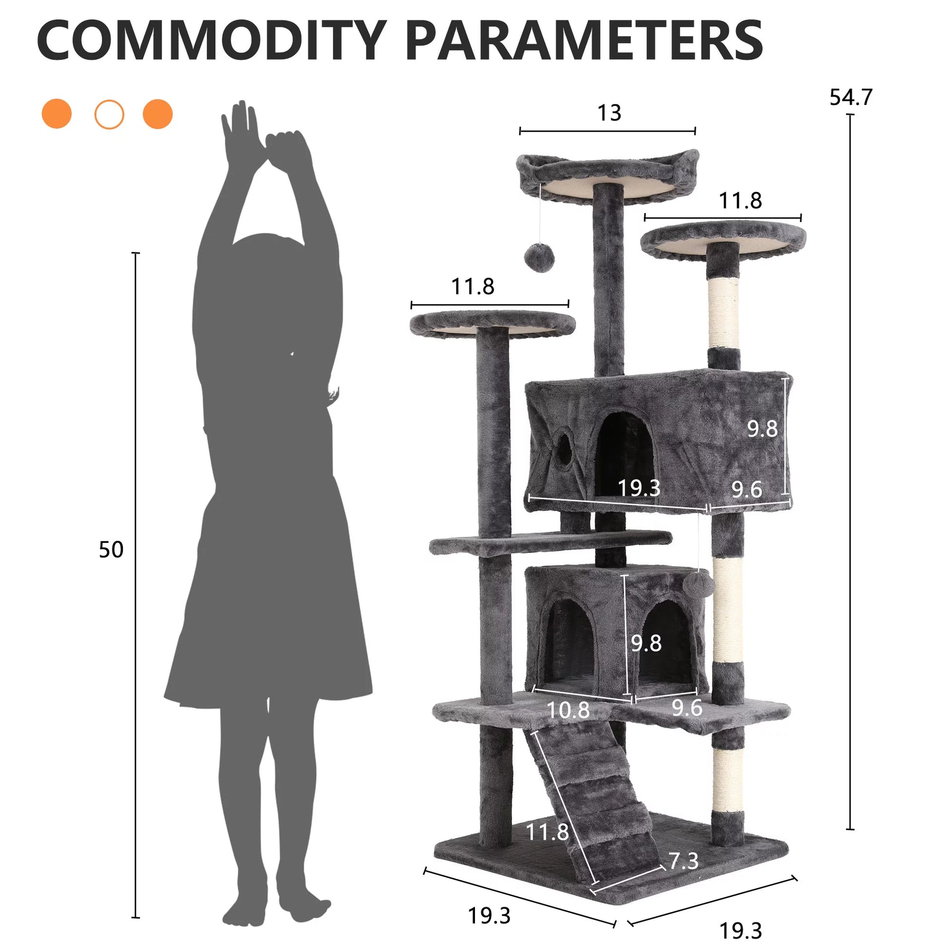54-Inch Double Condo Cat Tree Tower with Scratching Post and Perch for Indoor Use, Light Gray
