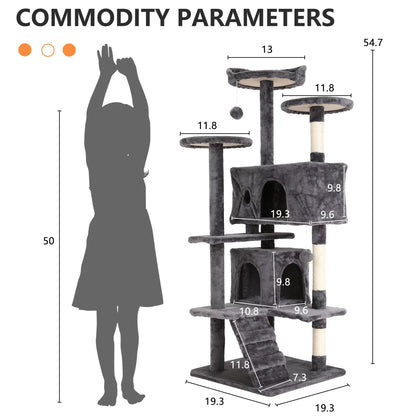 54-Inch Double Condo Cat Tree Tower with Scratching Post and Perch for Indoor Use, Light Gray