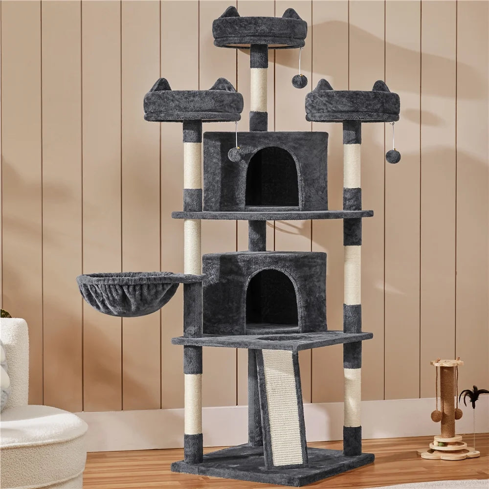 Large 69-Inch Cat Tree Tower with Condominiums and Scratching Board in Dark Gray