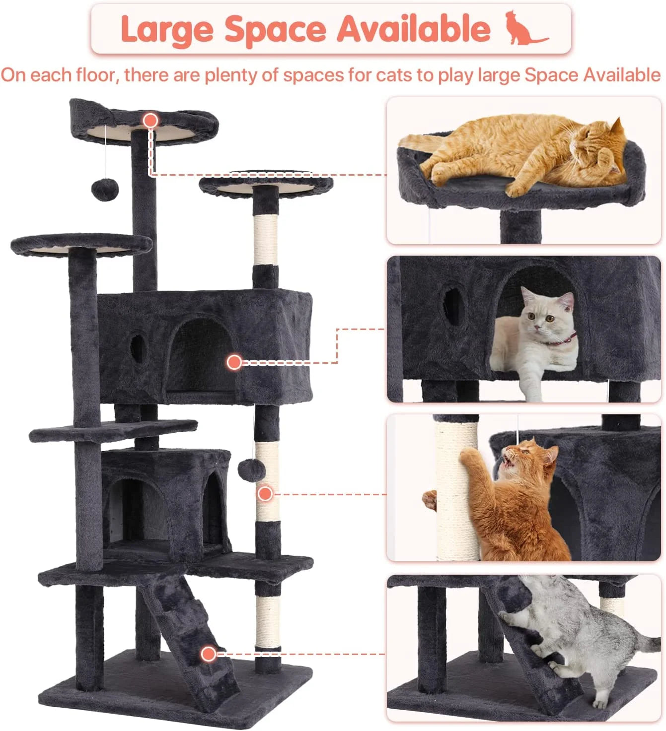 54-Inch Double Condo Cat Tree Tower with Scratching Post and Perch for Indoor Use, Light Gray