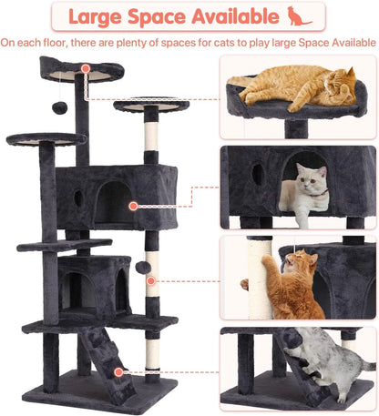 54-Inch Double Condo Cat Tree Tower with Scratching Post and Perch for Indoor Use, Light Gray
