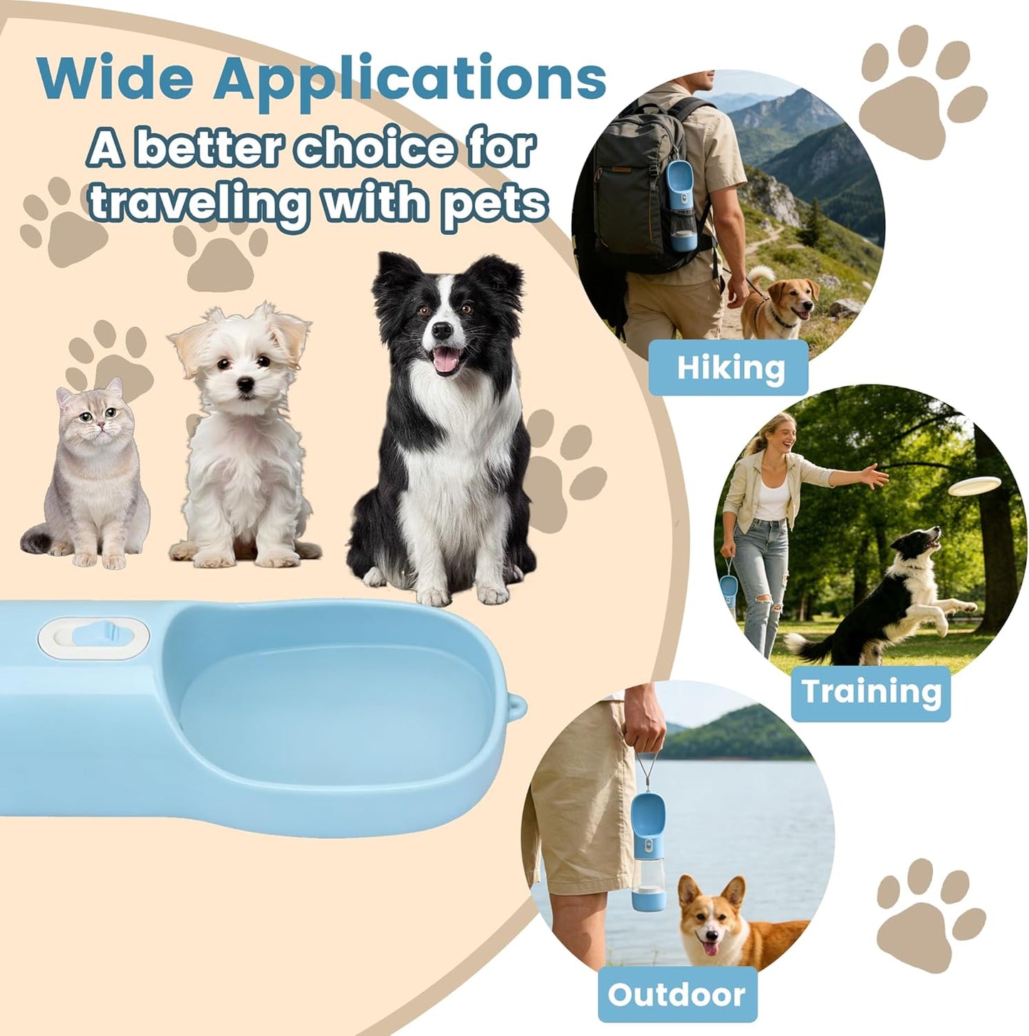 Portable Dog Water Bottle with Food Storage - Dishwasher Safe - Blue