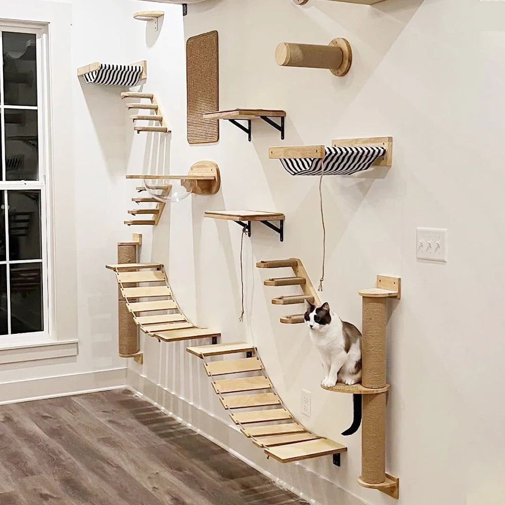 Cat Wall Climbing Shelf with Ladder, Scratching Post, and Hiding House - Pet Furniture Tree Tower Accessories