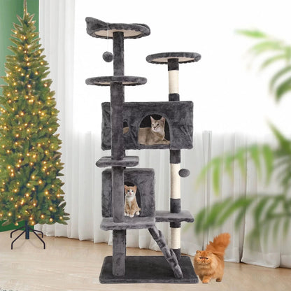 54-Inch Double Condo Cat Tree Tower with Scratching Post and Perch for Indoor Use, Light Gray