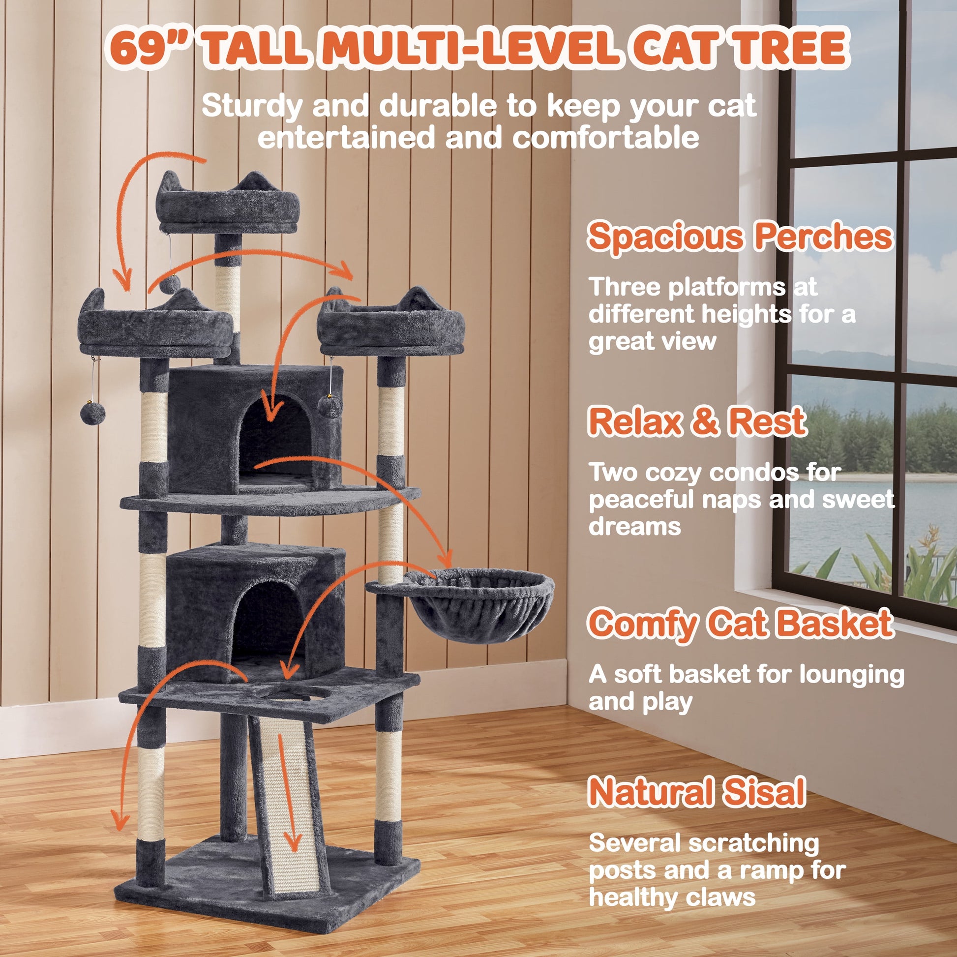 Large 69-Inch Cat Tree Tower with Condominiums and Scratching Board in Dark Gray