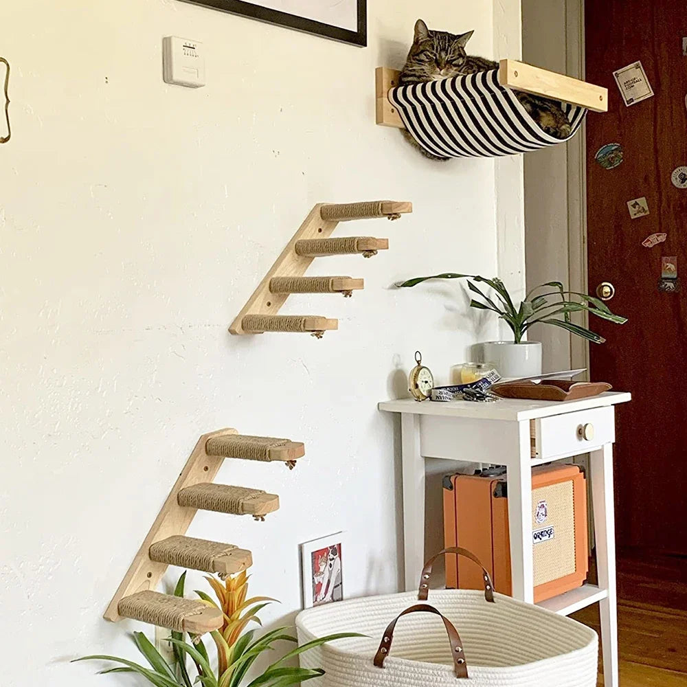 Cat Wall Climbing Shelf with Ladder, Scratching Post, and Hiding House - Pet Furniture Tree Tower Accessories