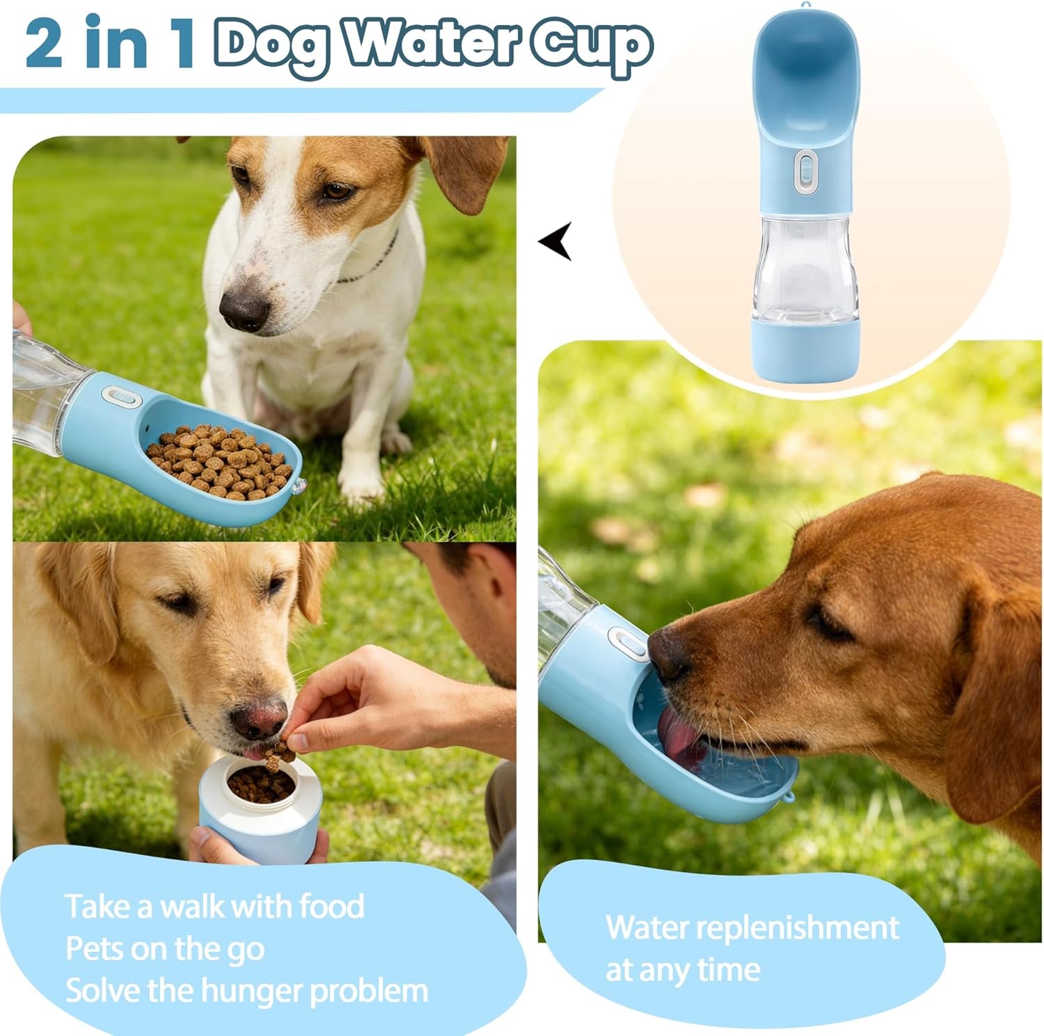 Portable Dog Water Bottle with Food Storage - Dishwasher Safe - Blue