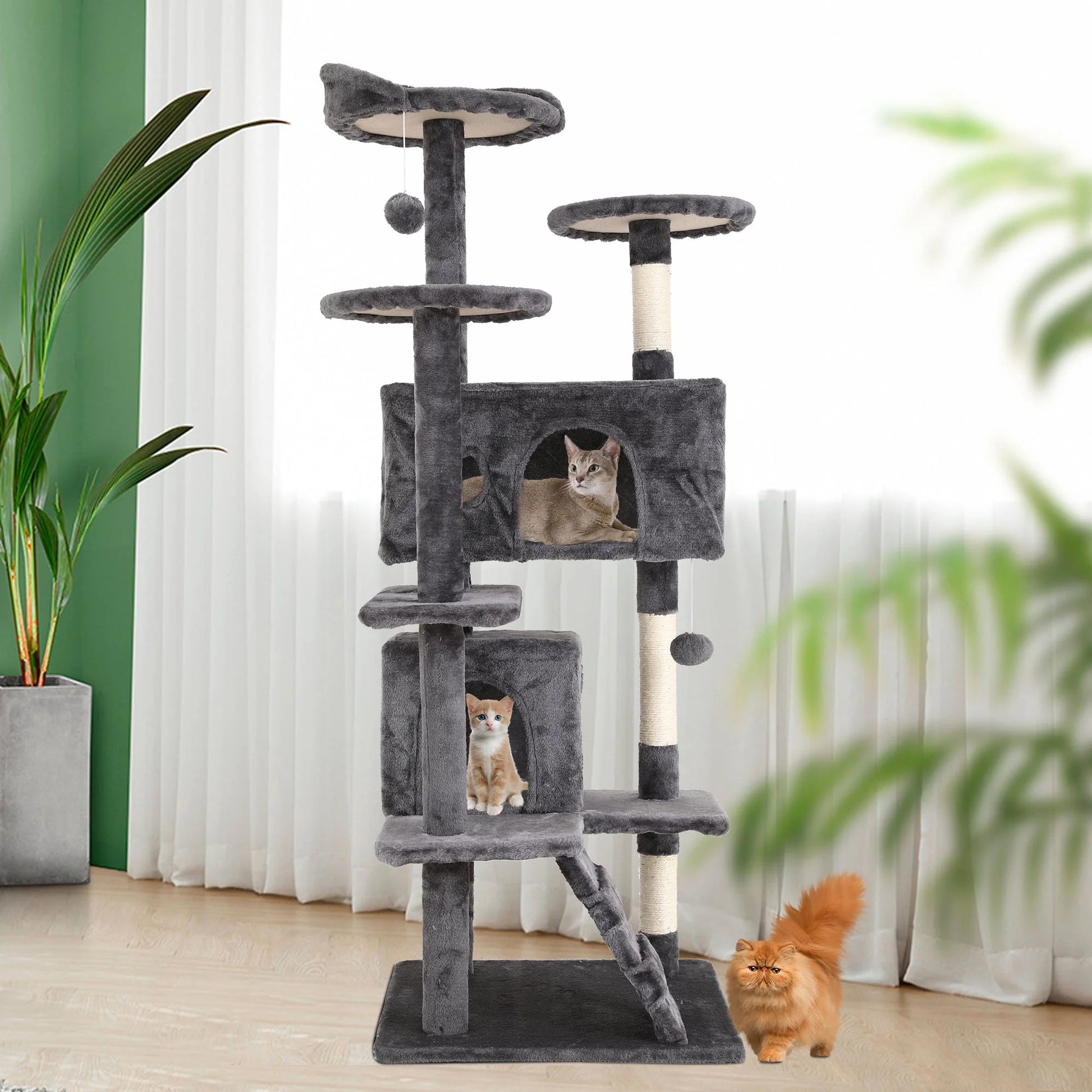 54-Inch Double Condo Cat Tree Tower with Scratching Post and Perch for Indoor Use, Light Gray