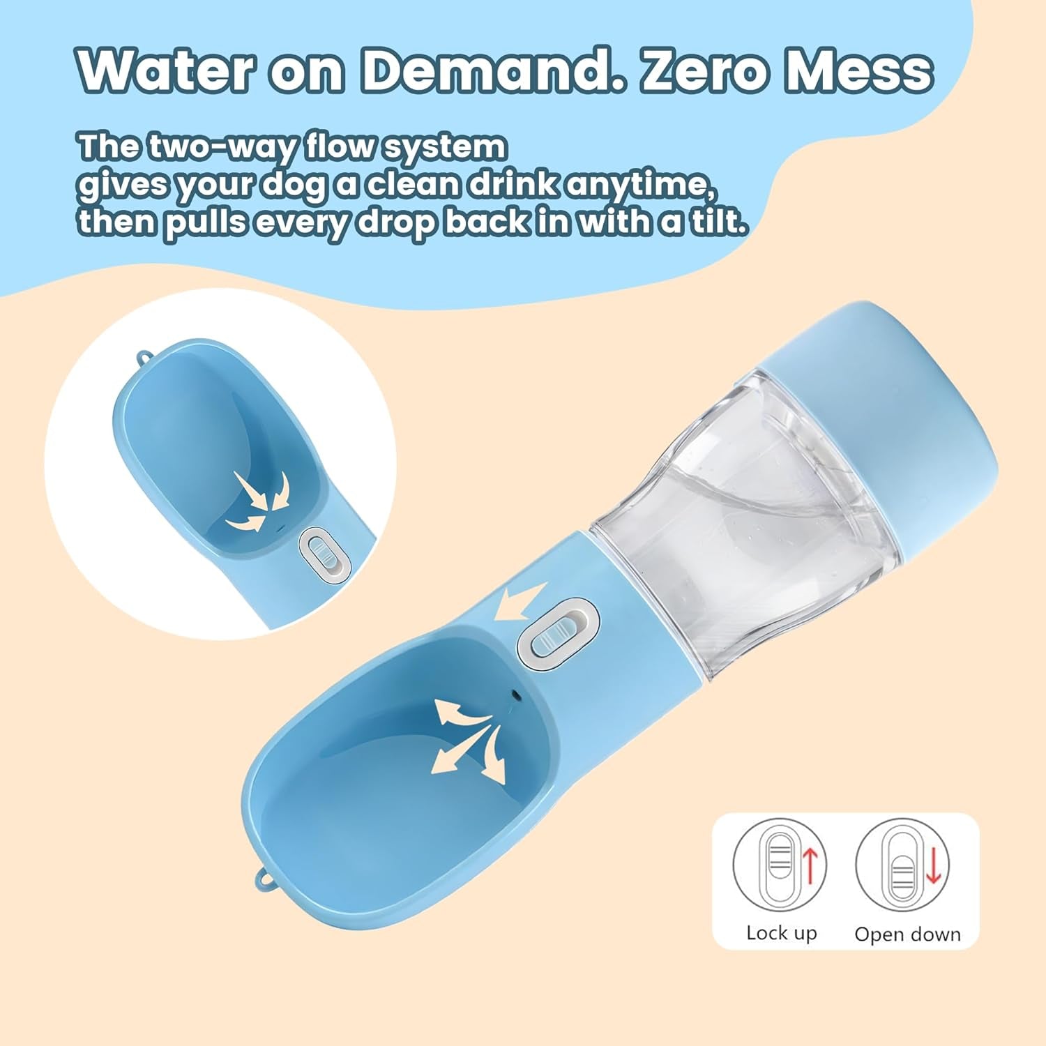 Portable Dog Water Bottle with Food Storage - Dishwasher Safe - Blue